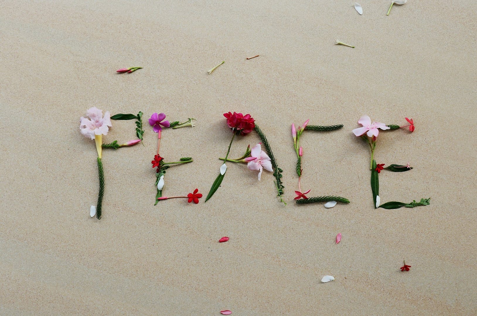 different flowers shaped in word peace